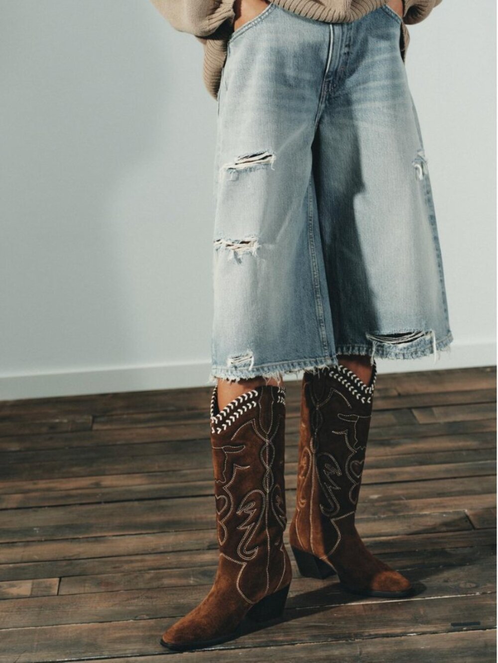 ZARA Suede Embroidered Cowboy Boots | Heart Cutout | Whipstitch | Brown | NWT | - Picture 6 of 16